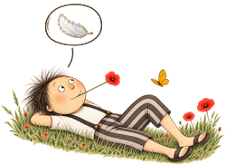 petit personnage allongé dans l'herbe qui à l'air heureux