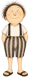 petit personnage debout qui regarde devant avec un sourire