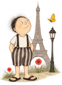 petit personnage qui se tient debout devant la Tour Eiffel