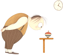 petit personnage qui regarde une toupie tourner sur une table